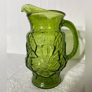Vintage Anchor Hocking Avocado Green Textured Rain Flower Glass Pitcher
